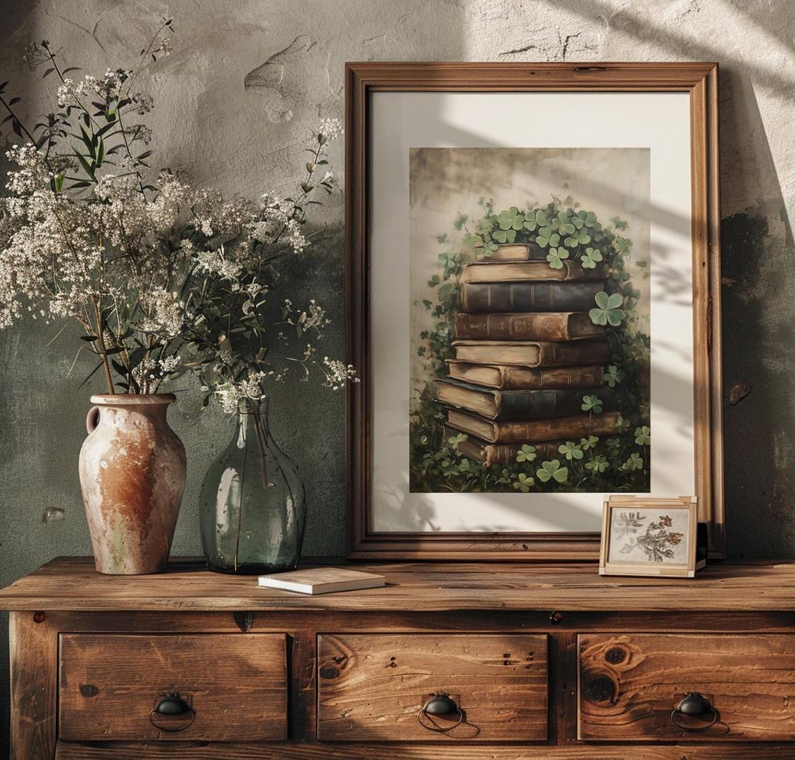 Shamrock Clover Nestled Around a Stack of Vintage Books Framed Poster - Image 4