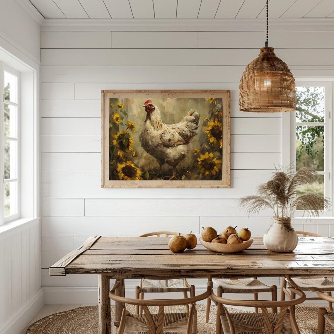 White Hen Among Sunflowers Rustic Country Farm Oil Painting Poster - Image 4