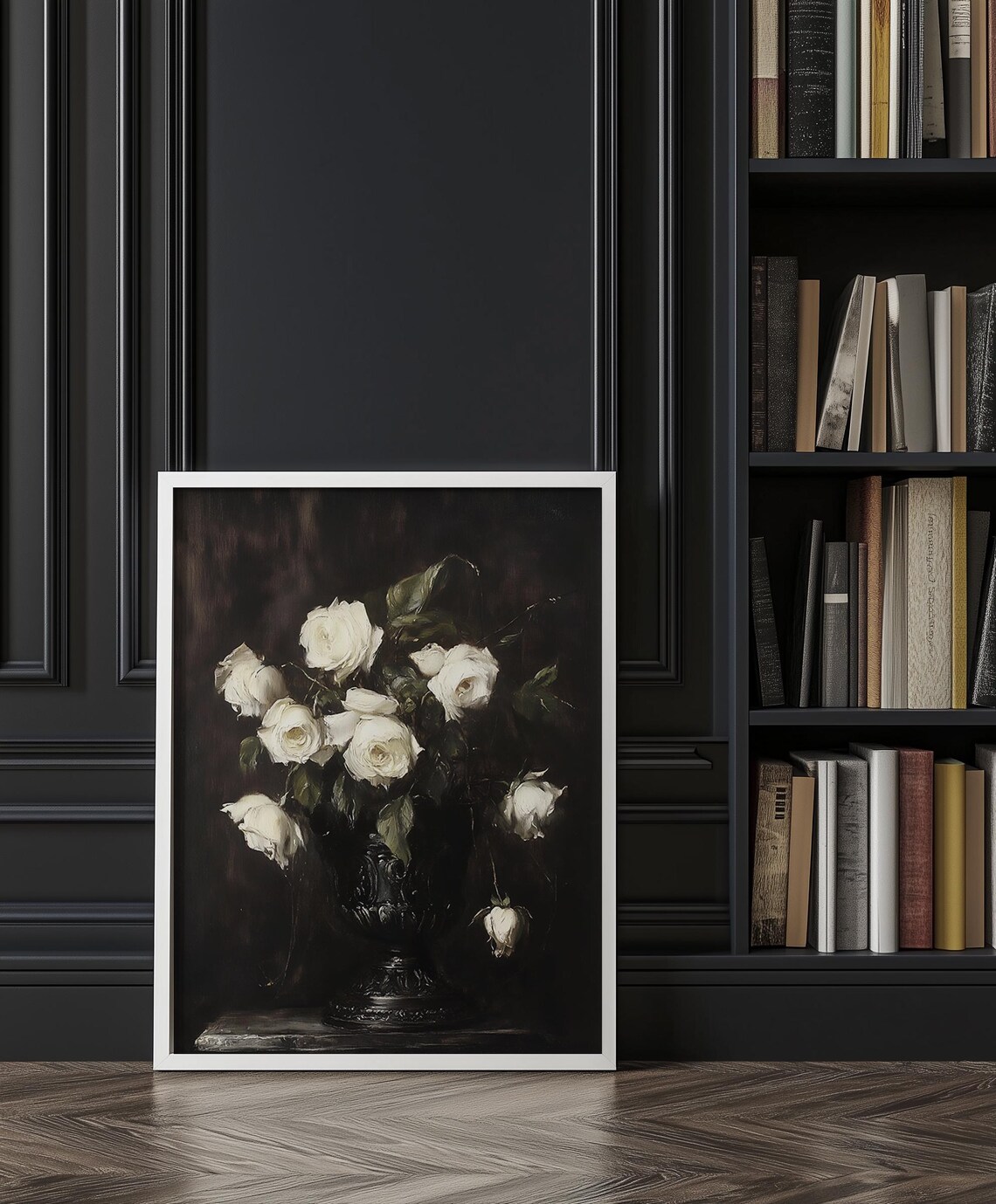 White Roses In Black Urn Moody Floral Still Life Oil Style Poster - Image 2