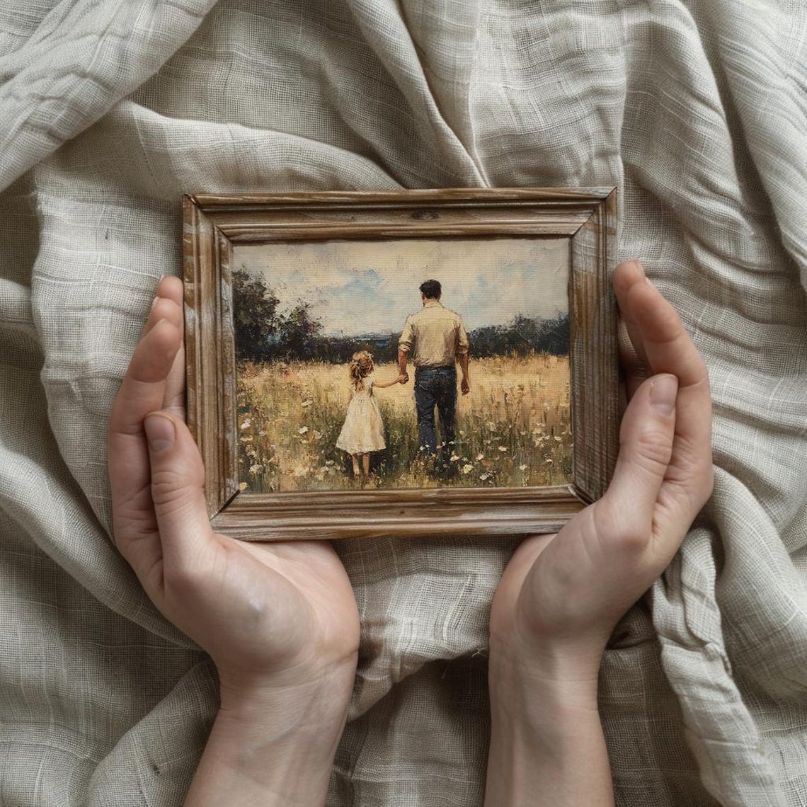 Father and Young Daughter Walking Hand in Hand in Meadow Poster - Image 2