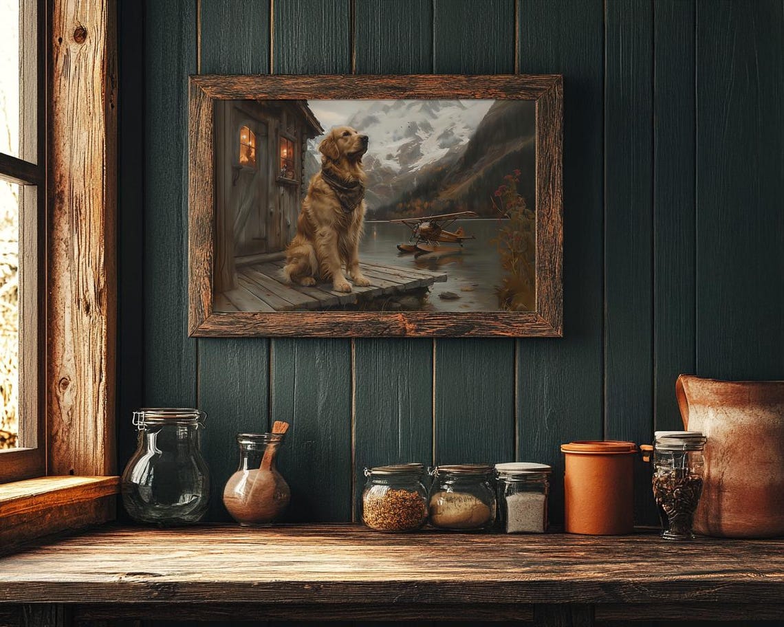 Golden Retriever On Cabin Porch Beside Floatplane Mountain Poster - Image 4