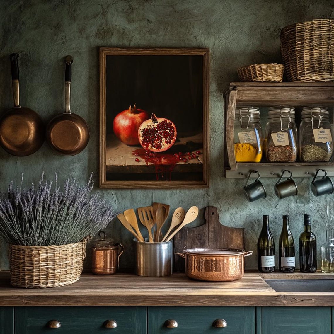 Dark Moody Pomegranate Still Life Fruit Oil Painting Wall Poster - Image 3