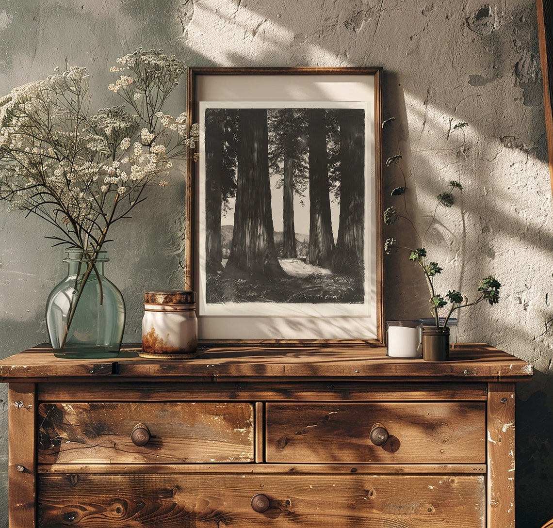 Towering Redwood Tree Trunks Black Charcoal Style Forest Poster - Image 3