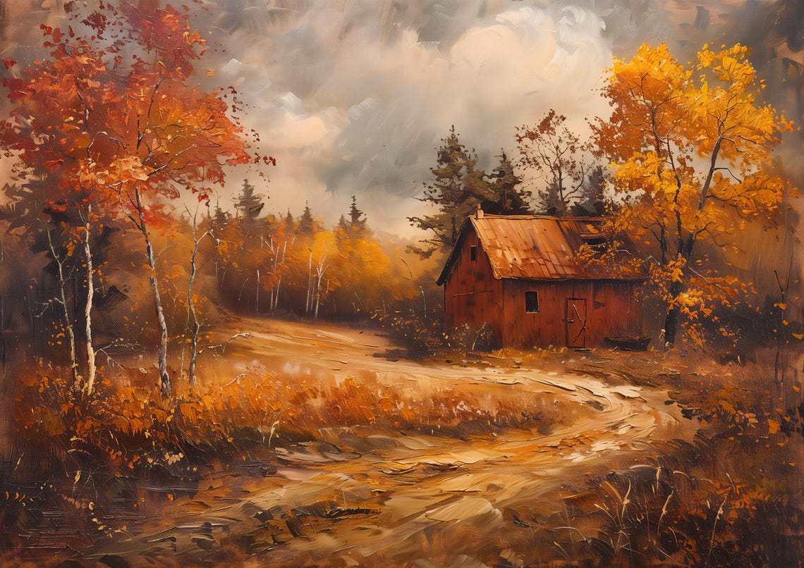Red Barn In An Autumn Forest With Golden Fall Foliage Poster - Image 3