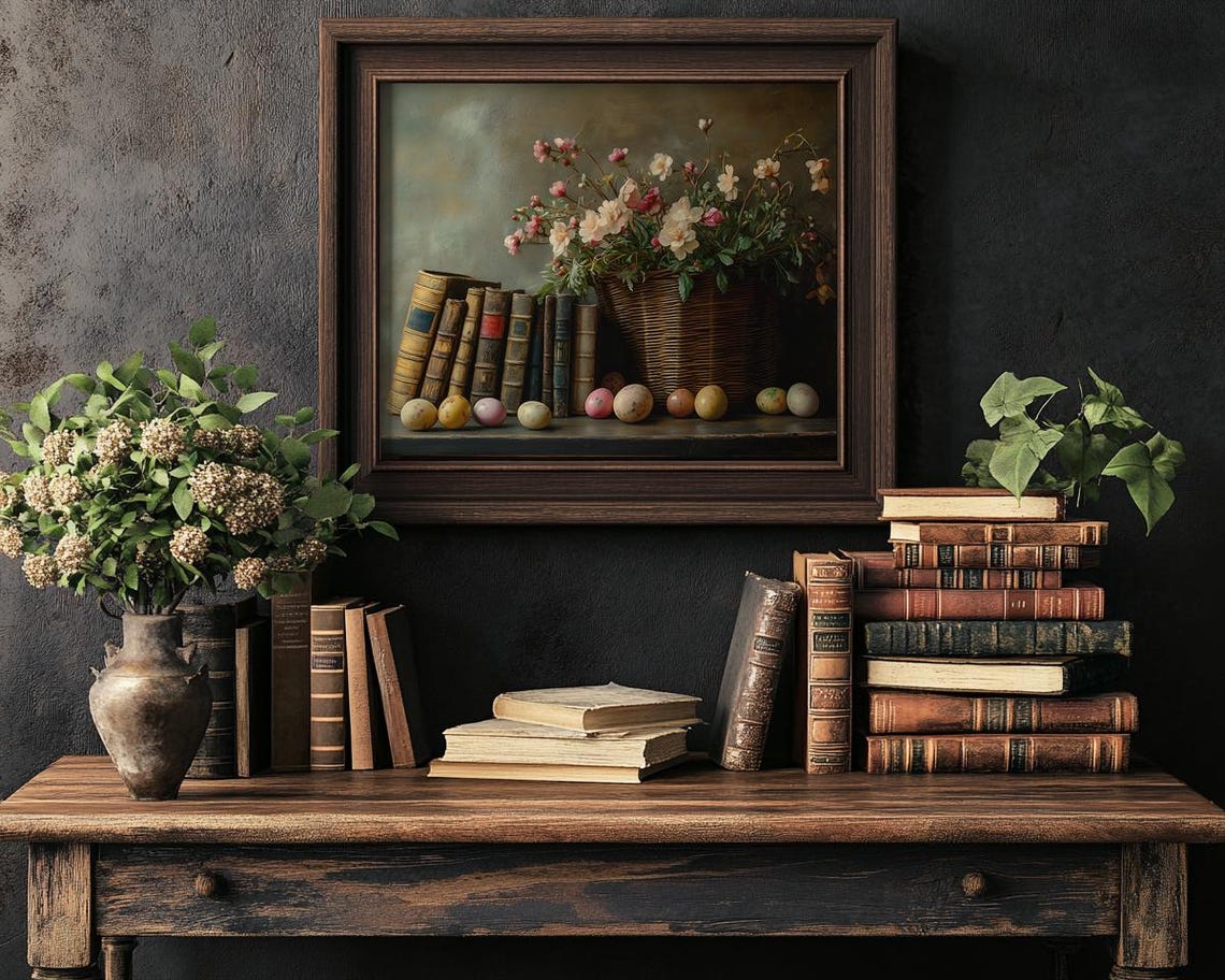 Antique Books with Spring Flowers and Painted Eggs Still Life Poster - Image 2