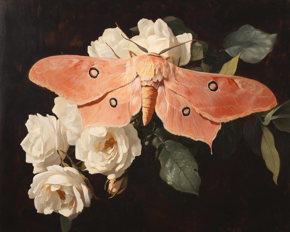Pink Moth Resting on Ivory White Roses Dark Botanical Painting Poster - Image 3