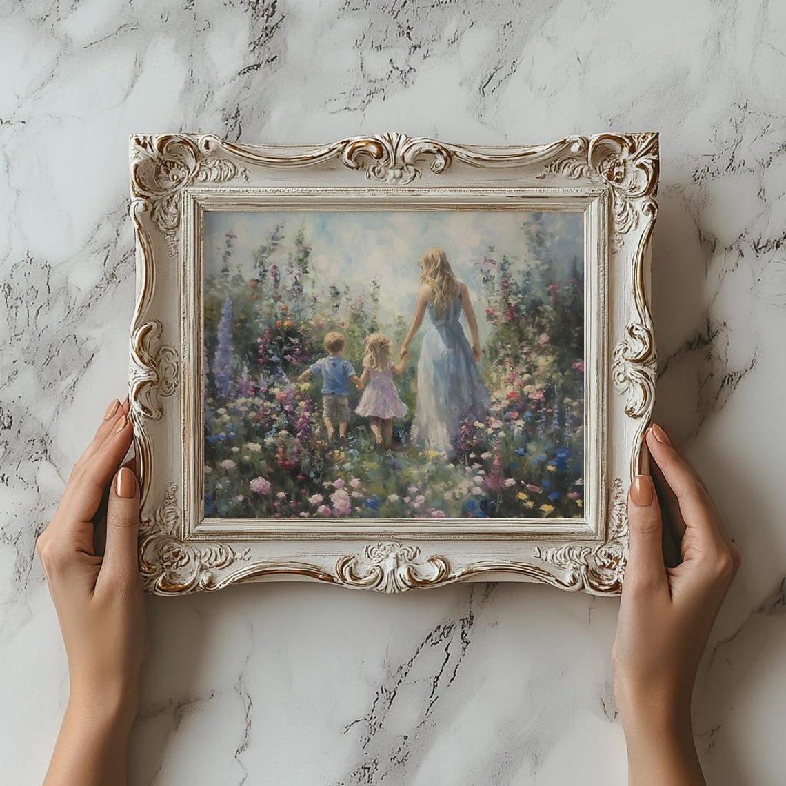 Mother and Two Children Strolling Through Wildflower Garden Poster - Image 3