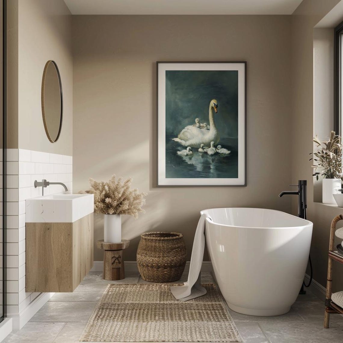 Swan Mother with Cygnets on Dark Teal Water Moody Nursery Poster - Image 2