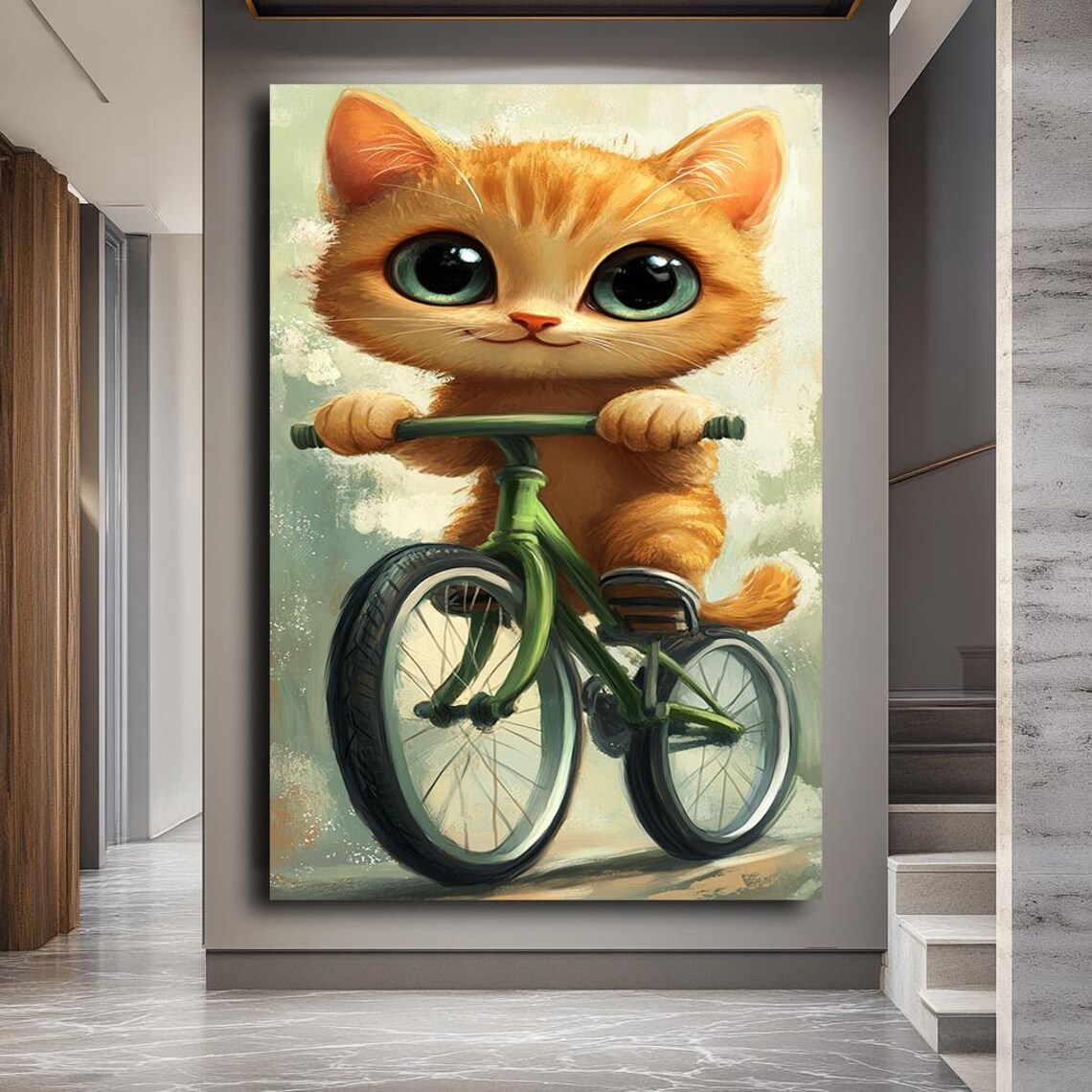 Cute Orange Kitten Riding Green Bicycle Whimsical Nursery Wall Art - Image 3