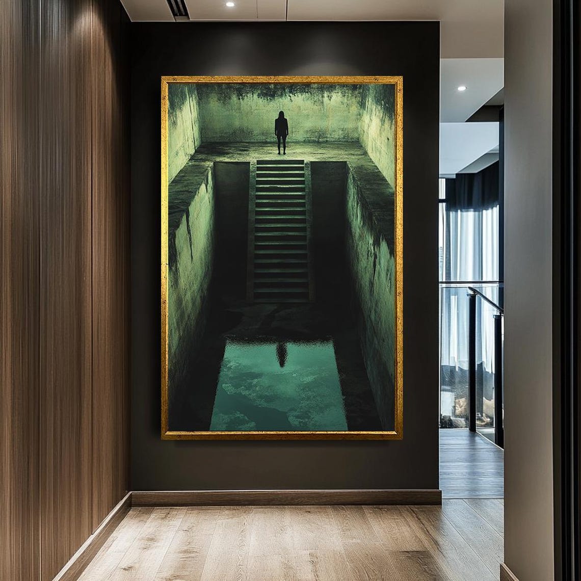 Dark Staircase Lonely Figure Surreal Shadow Water Reflection Print - Image 2