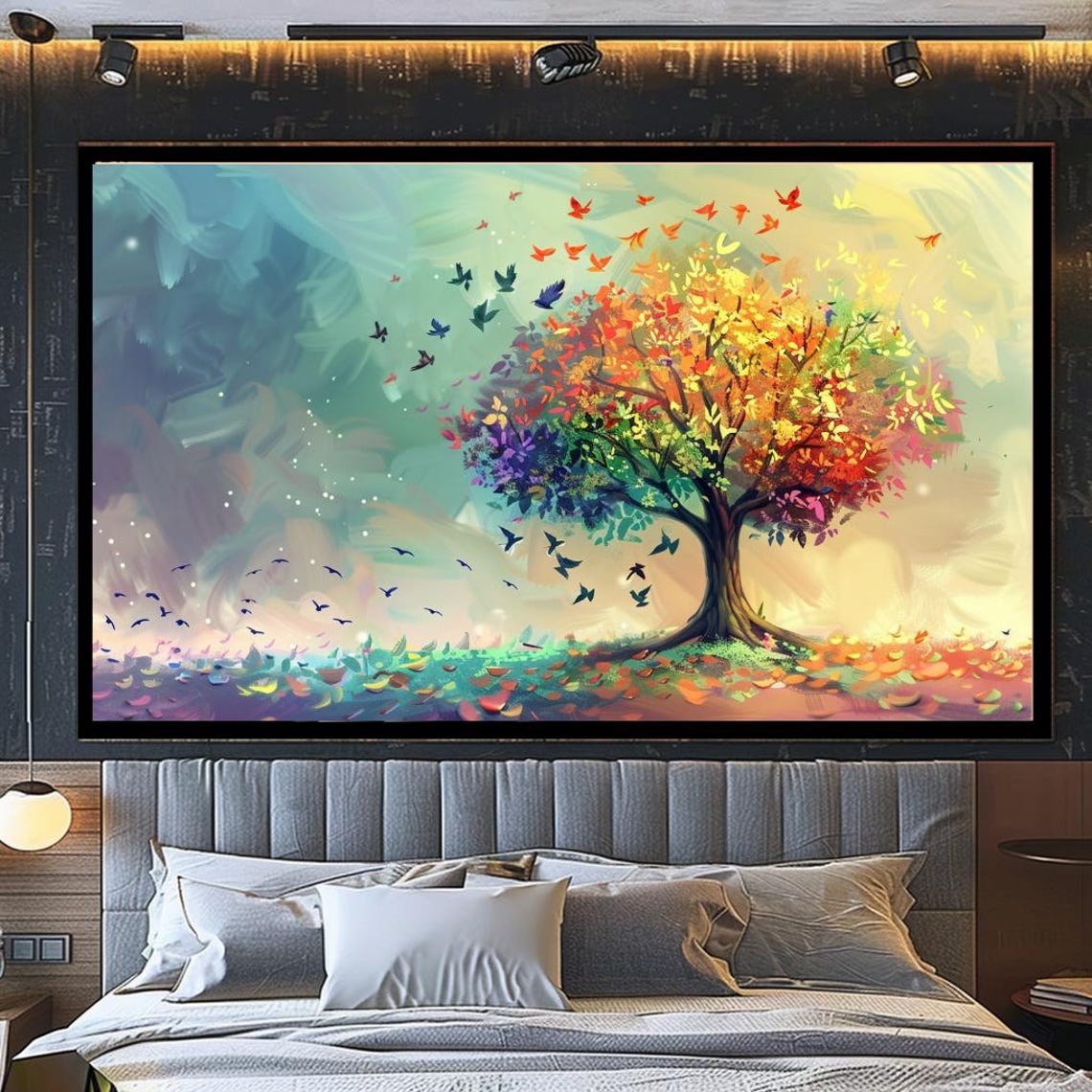 Rainbow Tree Of Life Colorful Birds Flying Joyful Nature Art Poster - Image 3