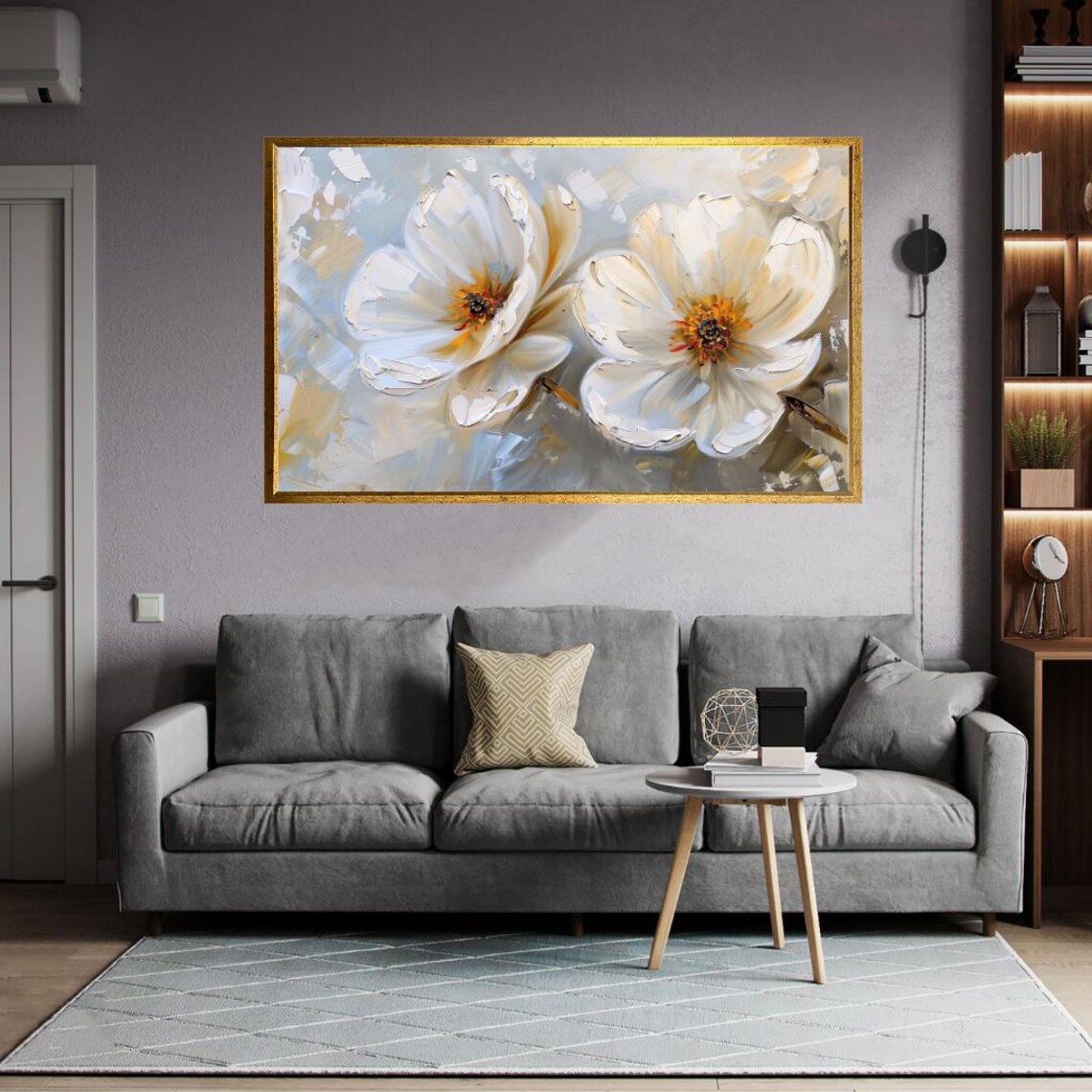 Large White Flowers Oil Painting Neutral Elegant Botanical Wall Poster