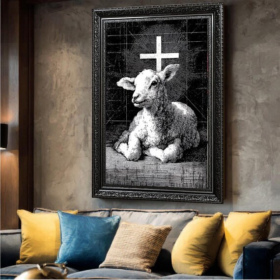 Lamb of God Christian Cross Black Engraving Vintage Faith Poster