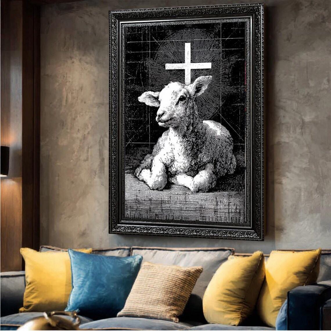 Lamb of God Christian Cross Black Engraving Vintage Faith Poster