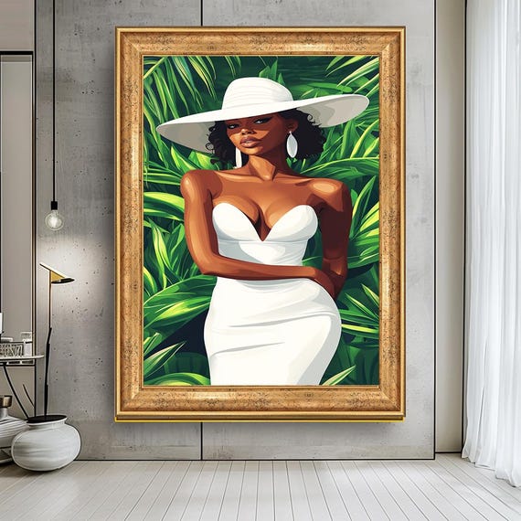 Elegant African Woman In White Dress Canvas Print Bold Afrocentric Art Fashionable Lady With Hat Wall Modern Tropical Decor