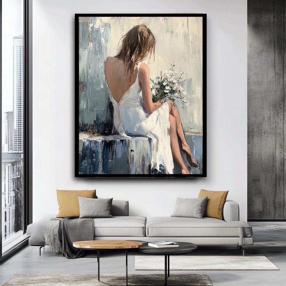 Woman In White Dress Holding Flowers Back View Serene Wall Art - Image 4