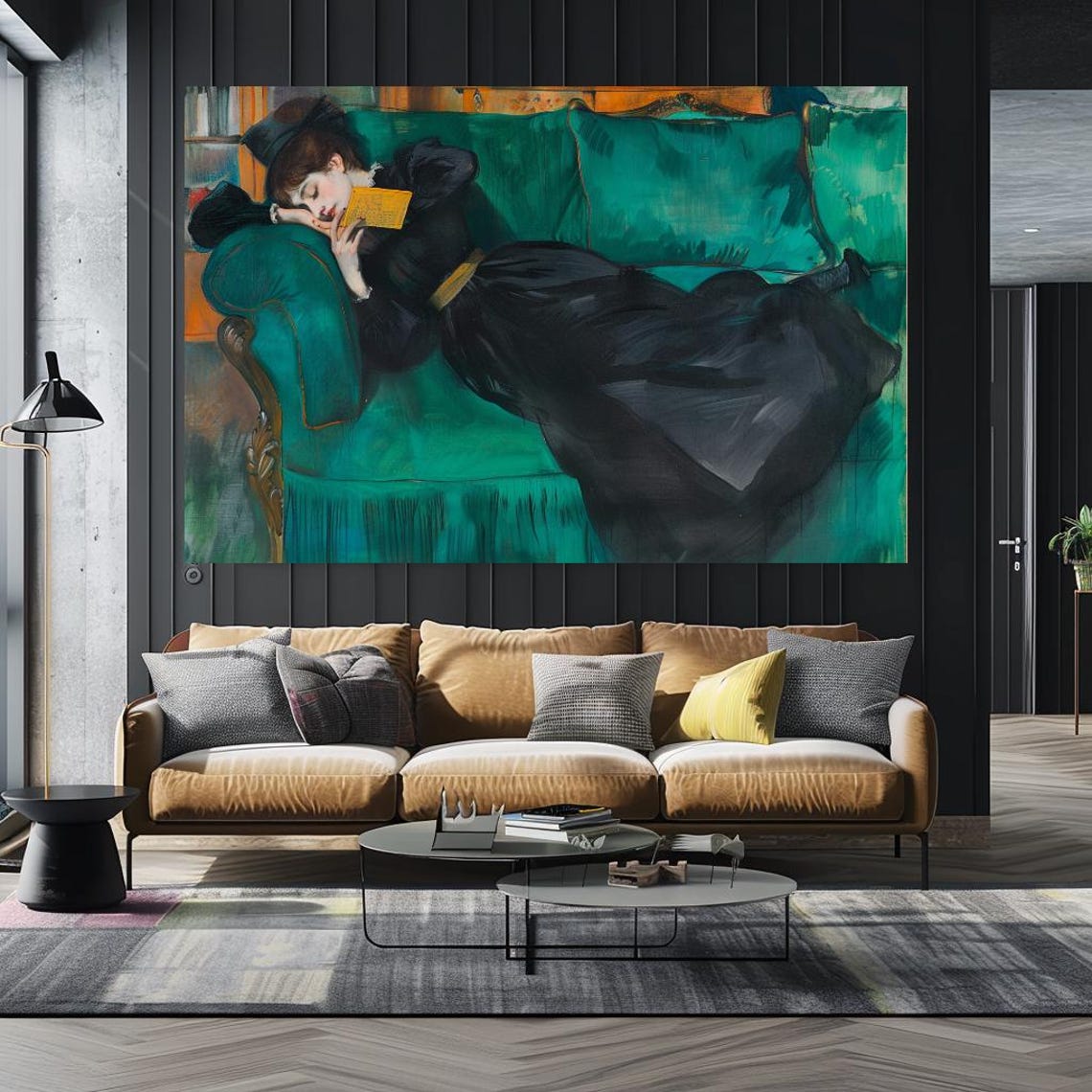 Elegant Woman Reclining Green Sofa Reading Classic Portrait Wall Art - Image 5