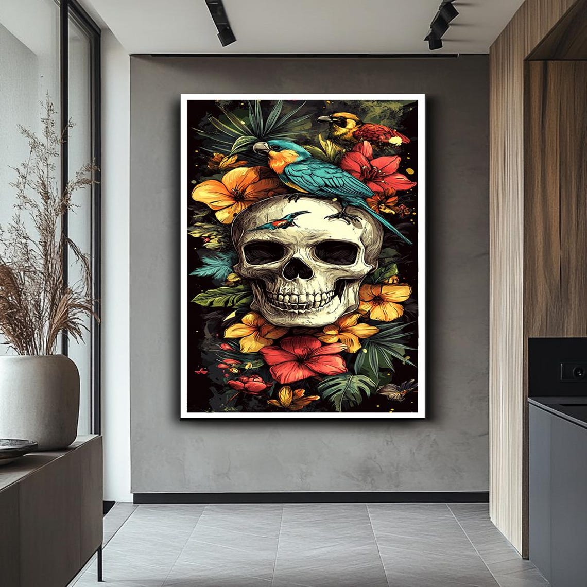 Tropical Skull With Parrots Hibiscus Gothic Floral Art Poster - Image 2