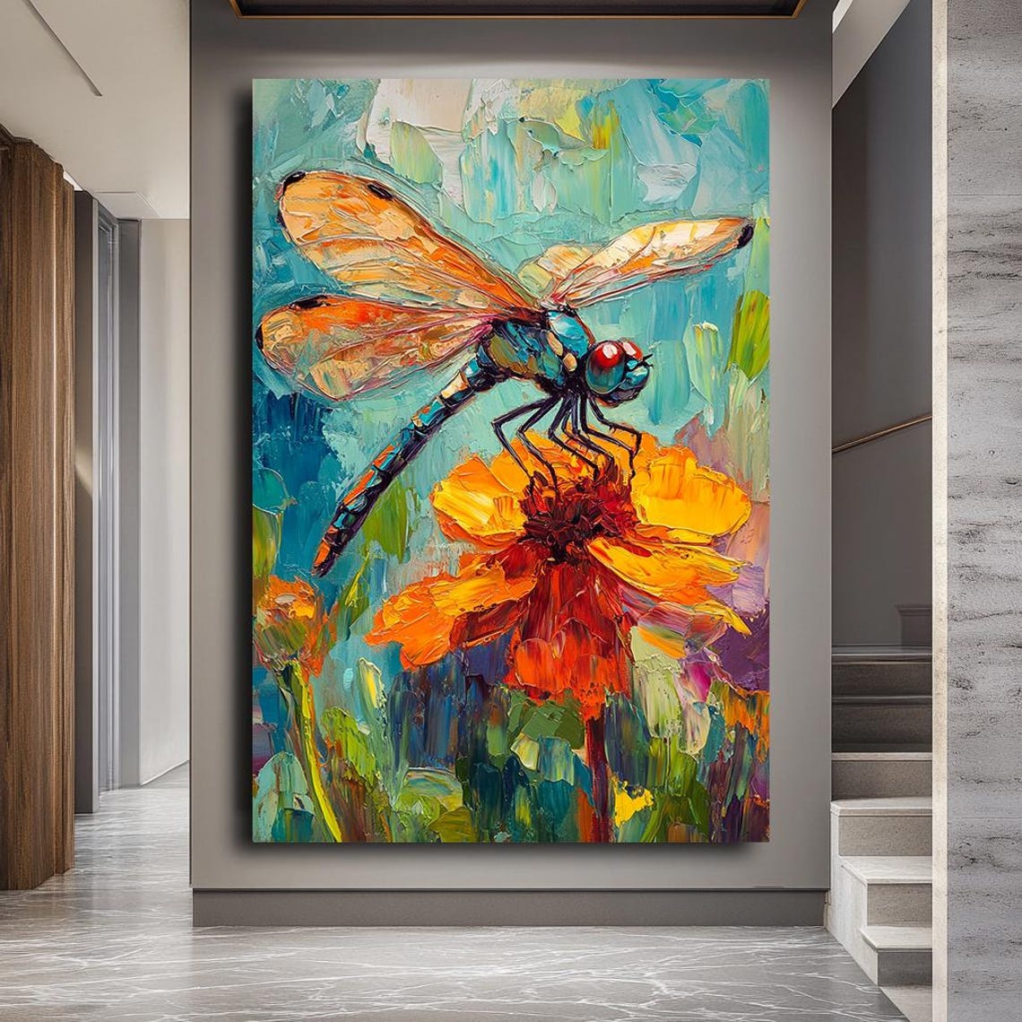 Vibrant Dragonfly On Orange Flower Impasto Botanical Nature Art Poster - Image 5