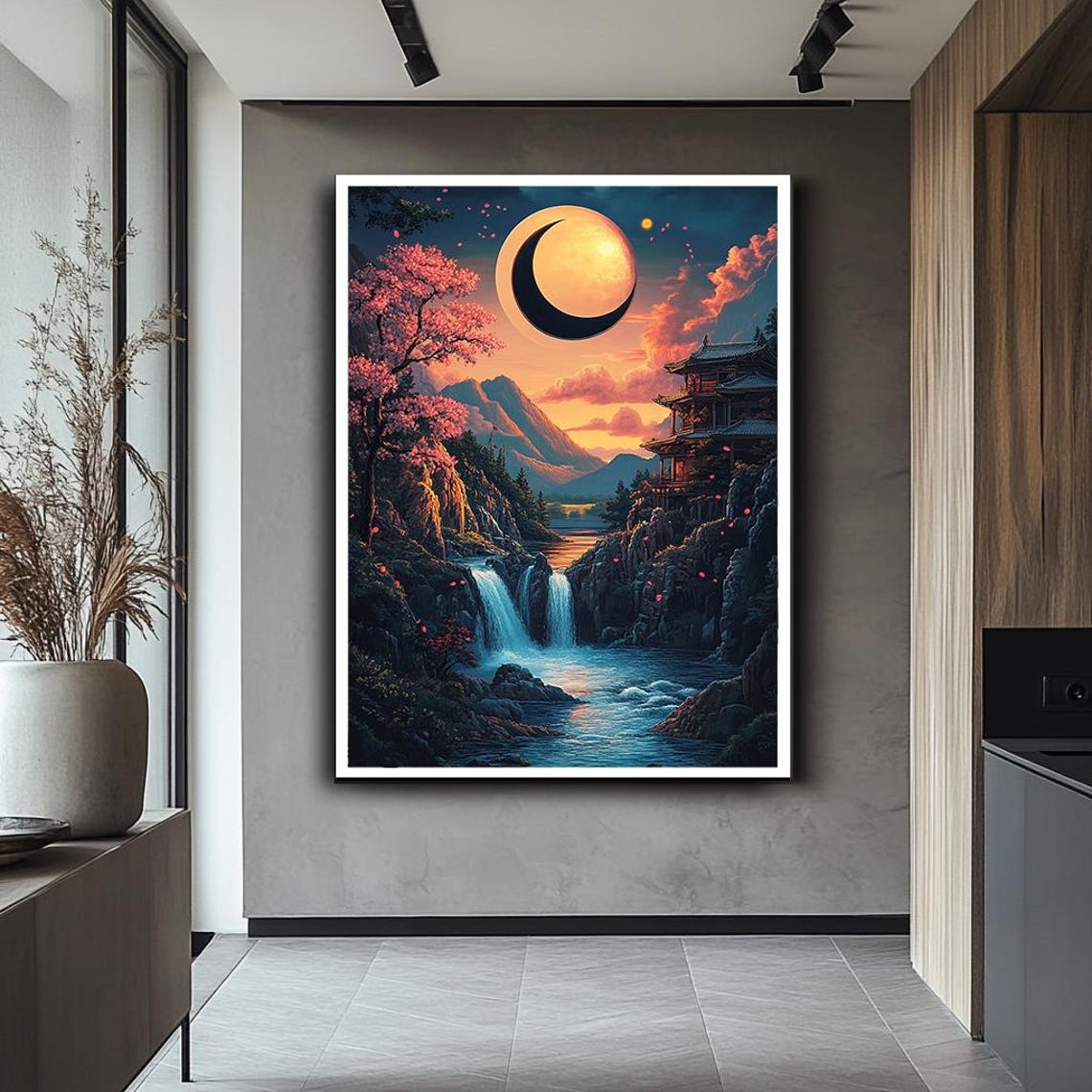 Japanese Moonlit Waterfall Cherry Blossom Pagoda Cliff Sunset Poster - Image 2