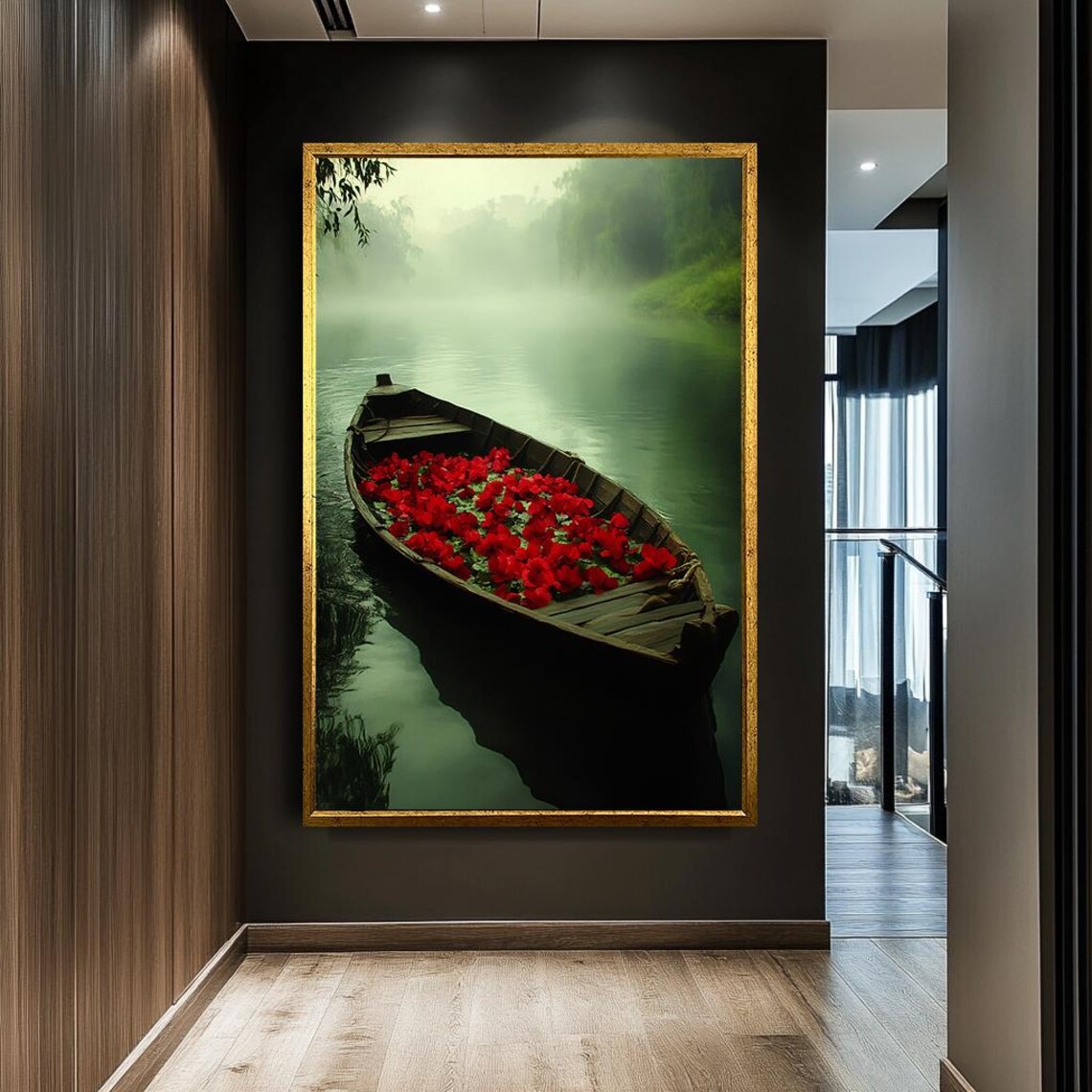 Wooden Boat Full Of Red Flowers Misty River Tranquil Wall Art - Image 3