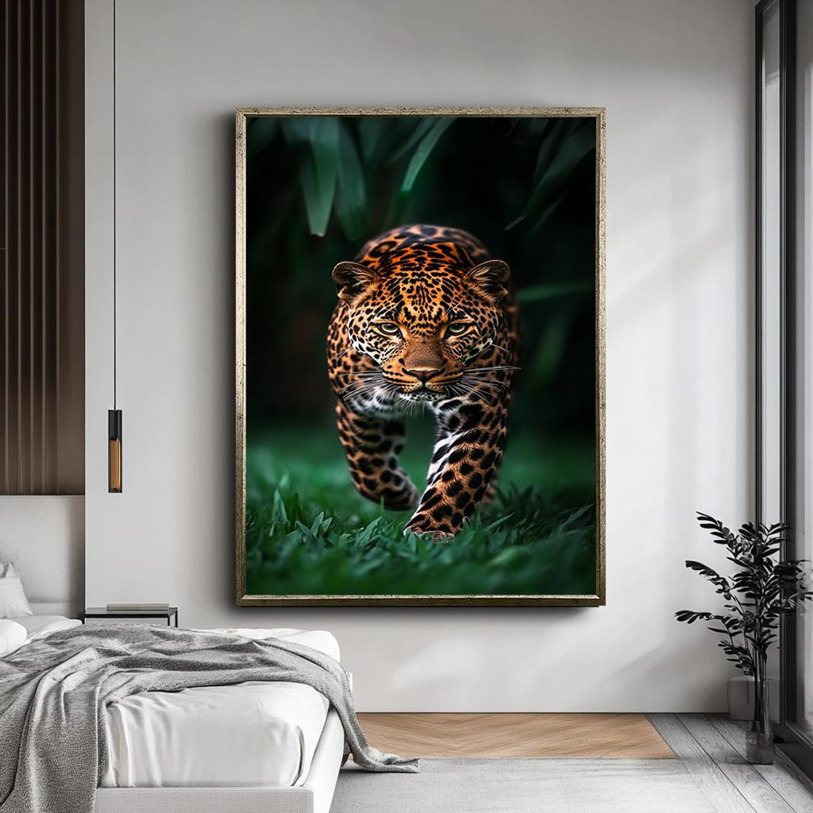 Striking Leopard Prowling Dark Jungle Vivid Wildlife Photo Poster - Image 5