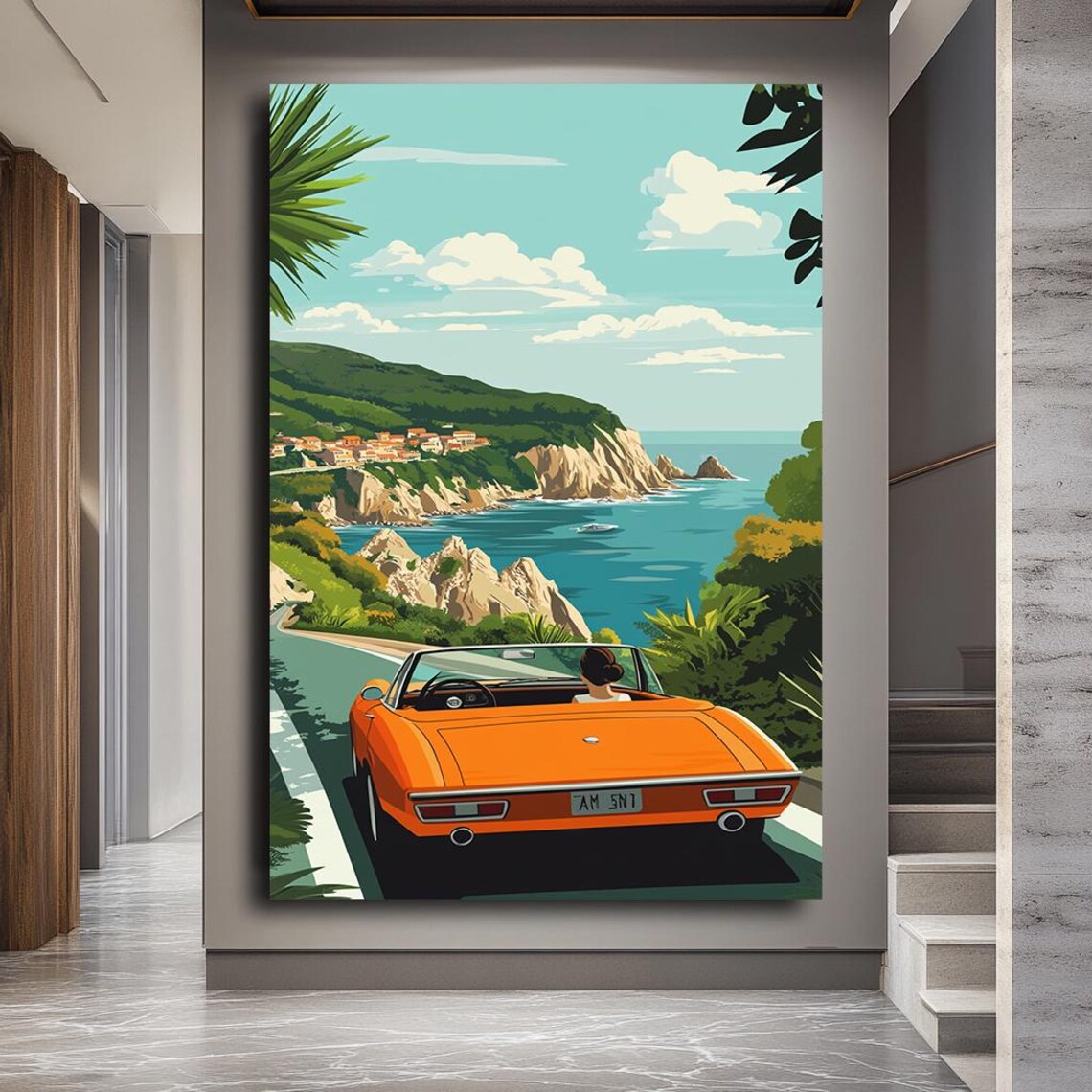 Vintage Orange Convertible Coastal Road Trip Seaside Drive Poster - Image 2