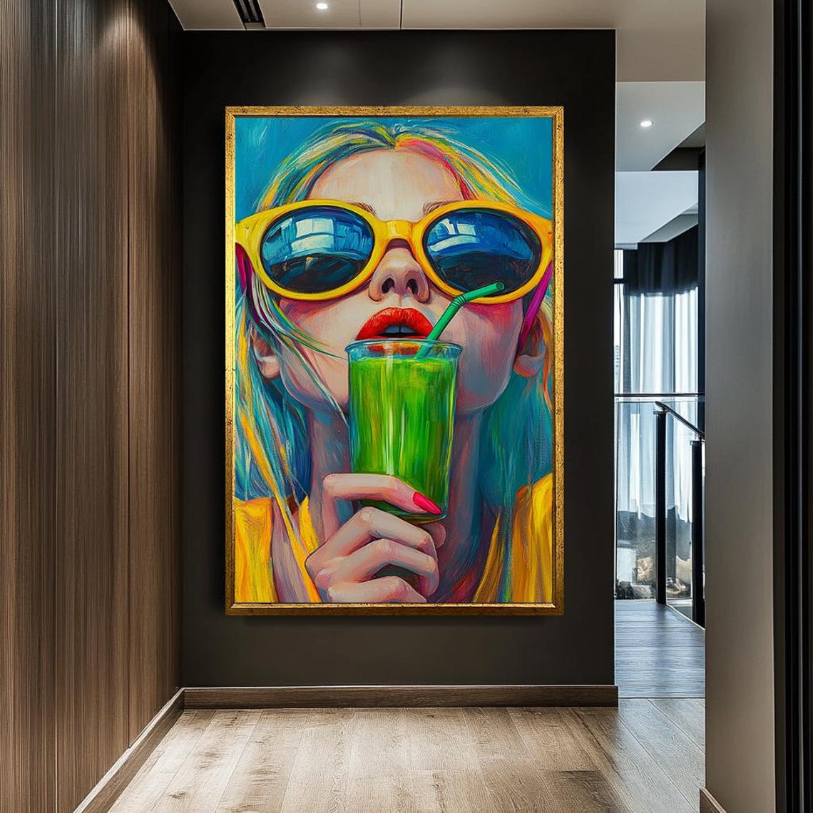 Retro Woman Yellow Sunglasses Green Smoothie Colorful Pop Art Poster - Image 2