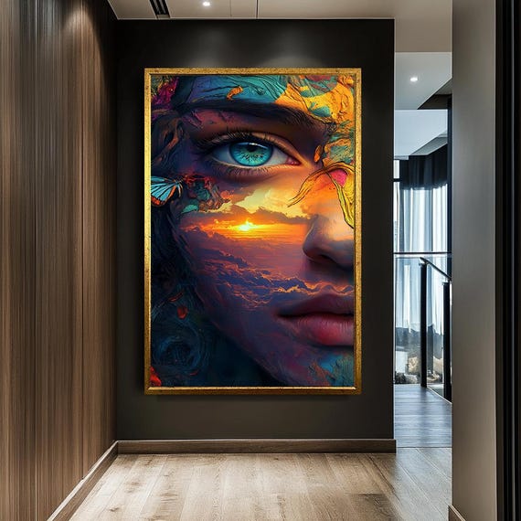 Surreal Dreamscape Woman Canvas Printmystical Portrait With Sunset And Butterflyabstract Fantasy Wall Art For Living Roomcustomizable