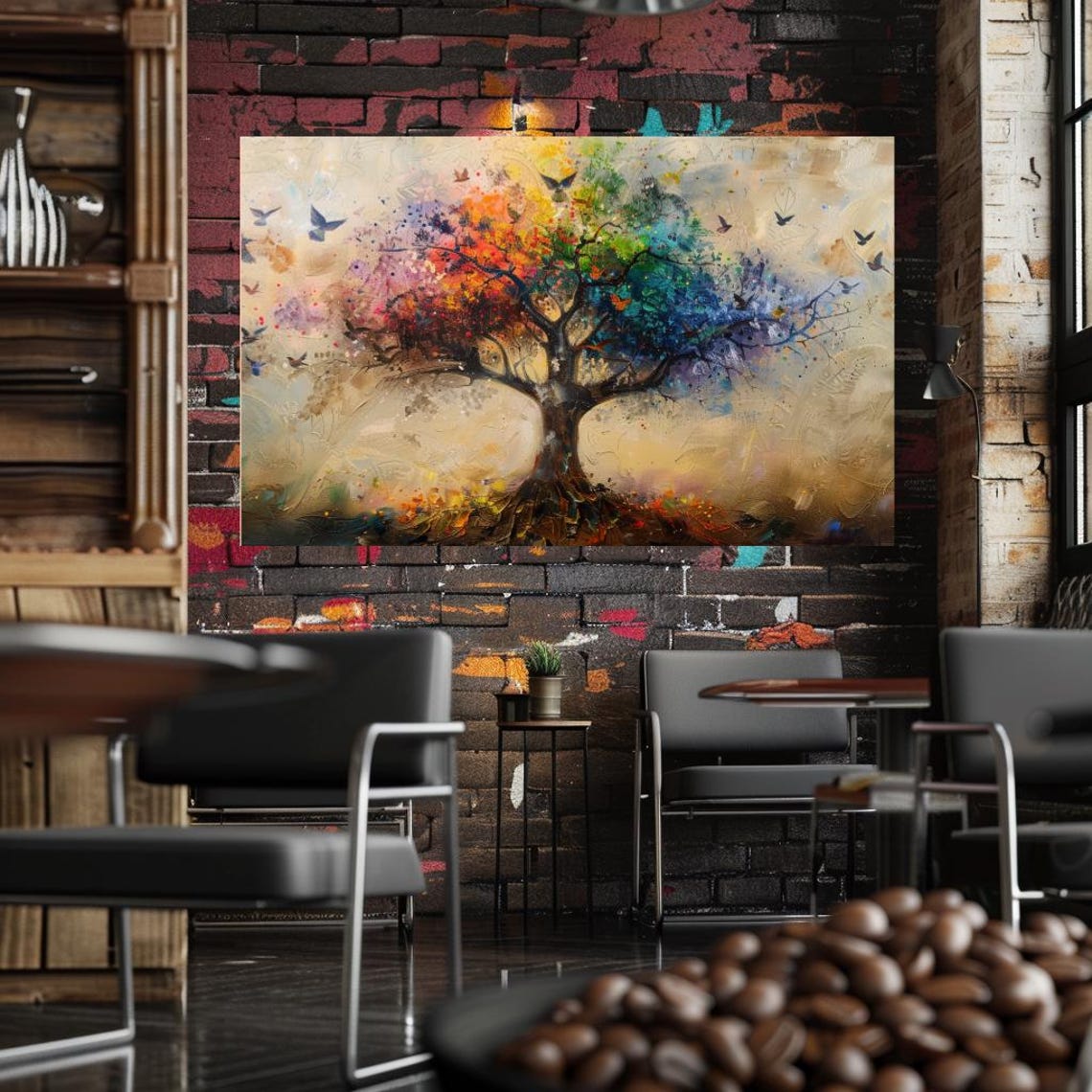 Rainbow Tree Of Life Flying Birds Golden Whimsical Nature Art Print - Image 3