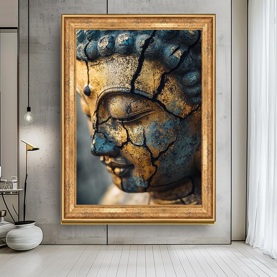 Cracked Golden Buddha Face Zen Meditation Spiritual Ancient Art Print