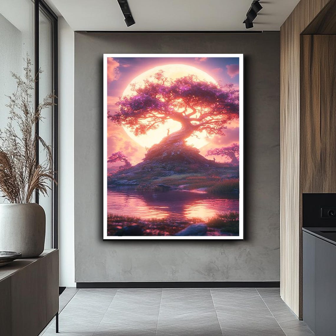 Fantasy Pink Tree Giant Moon Reflection Magical Night Wall Art - Image 2