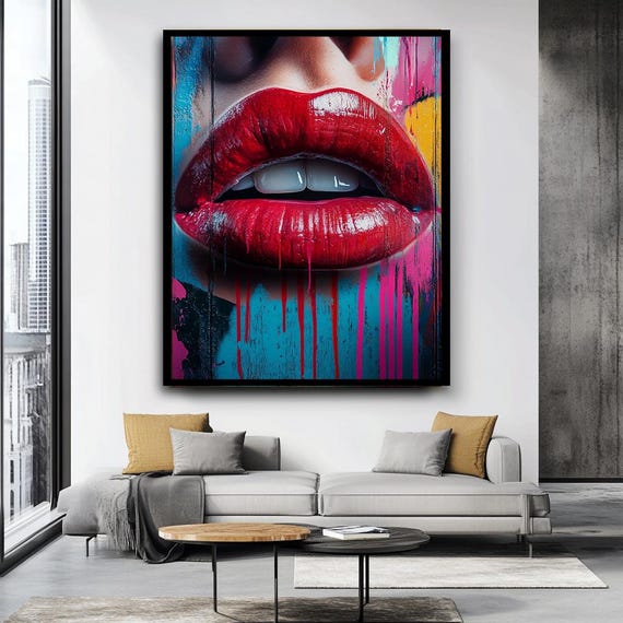 Bold Red Lips Print Pop Art Wall Decor With Dripping Paint Modern Street Art Style Large Statement Art For Living Room Or Bedroom