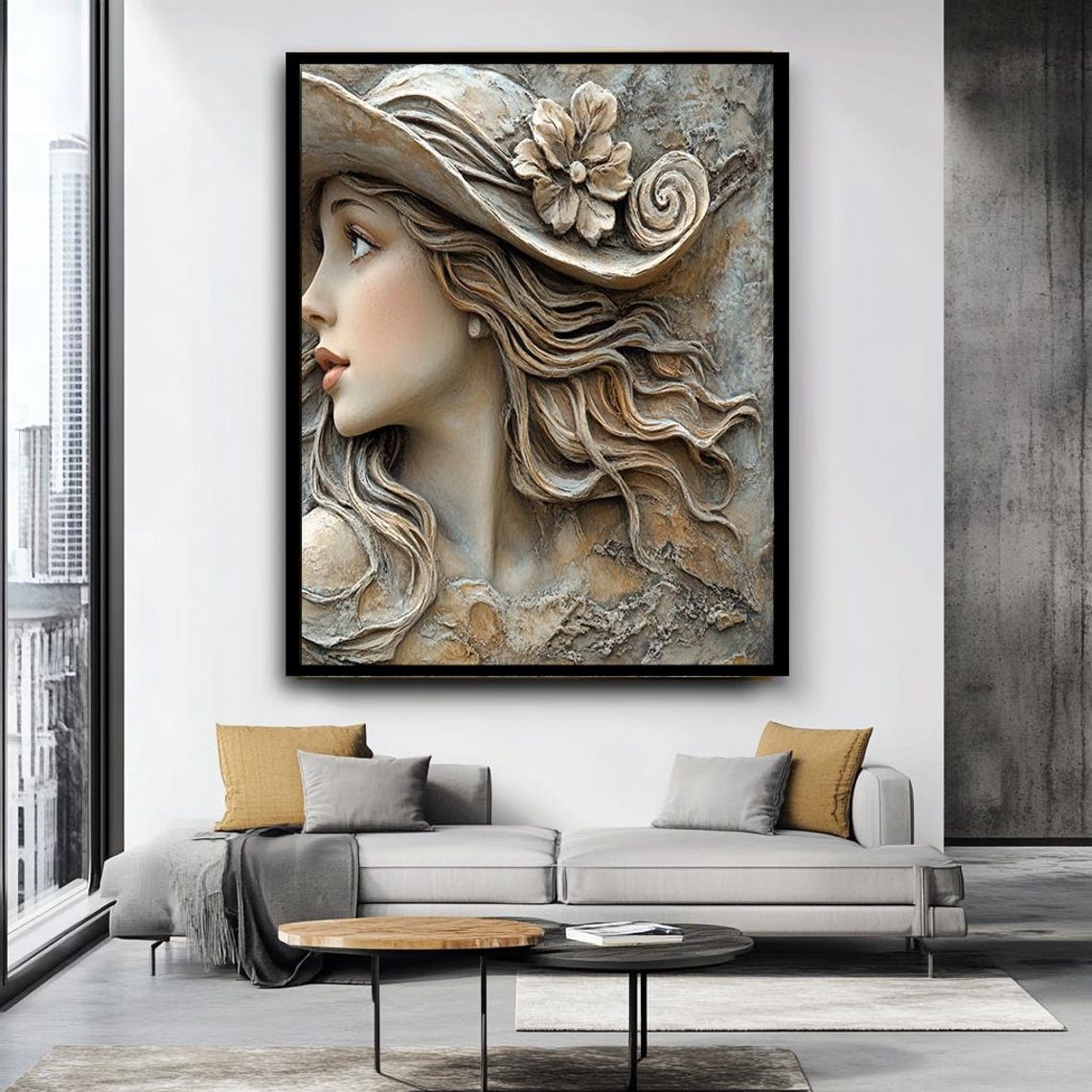3D Sculptural Woman Profile Hat Stone Relief Romantic Wall Art - Image 4