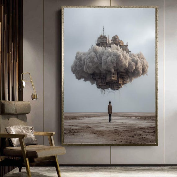 Surreal Cloud City Wall Art Floating Building In Sky Over Desert Scifi Fantasy Landscape Print For Modern Home Decor