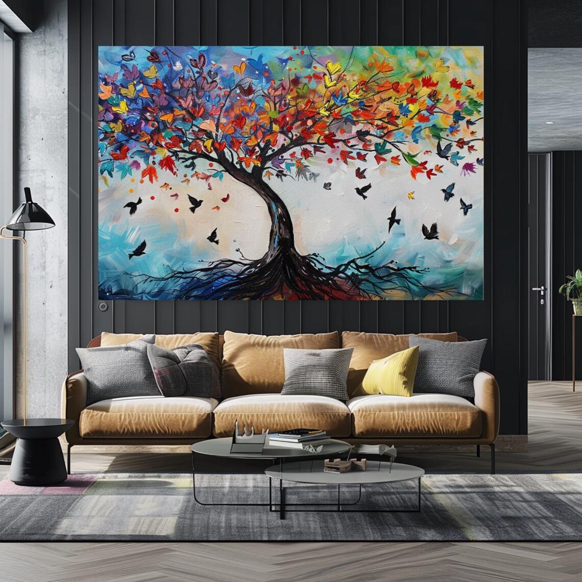 Colorful Tree Of Life With Birds And Roots Abstract Nature Art Poster