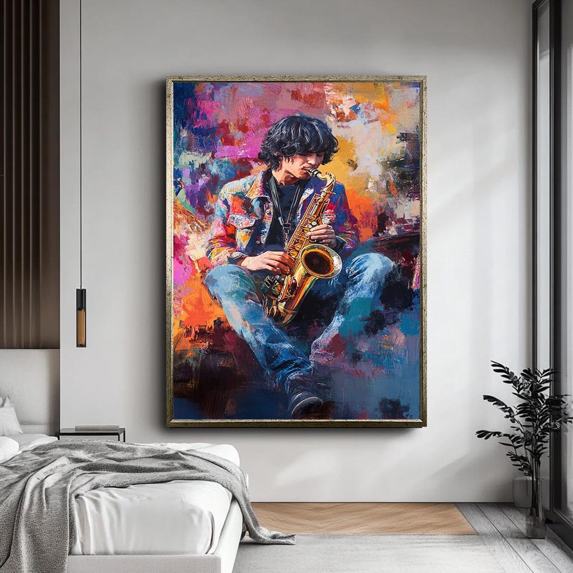 Young Saxophone Player Vibrant Colorful Jazz Music Art Poster - Image 4
