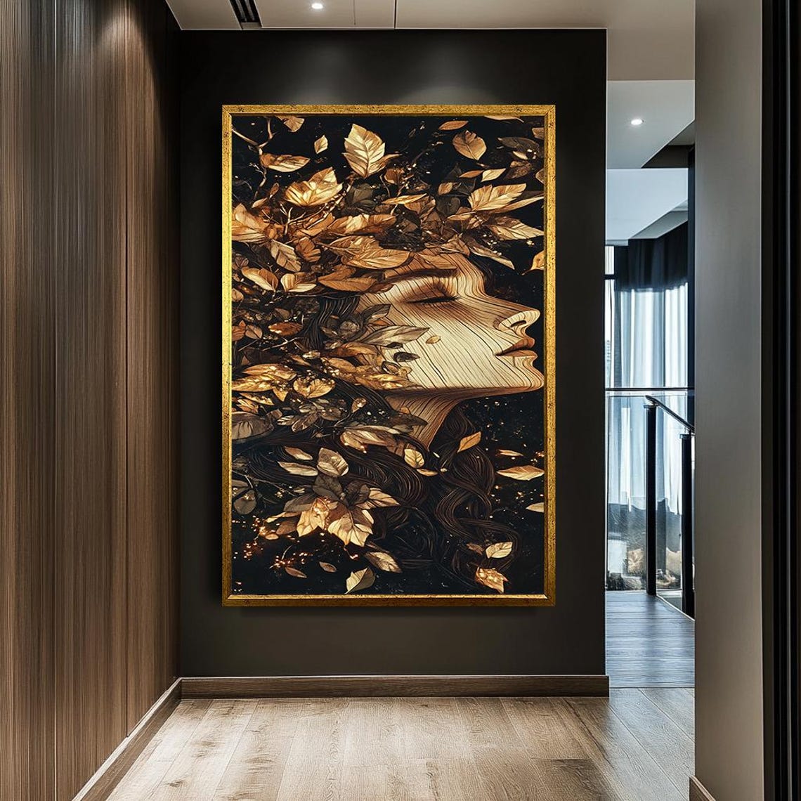 Golden Leaves Woman Profile Abstract Botanical Black Wall Art - Image 2