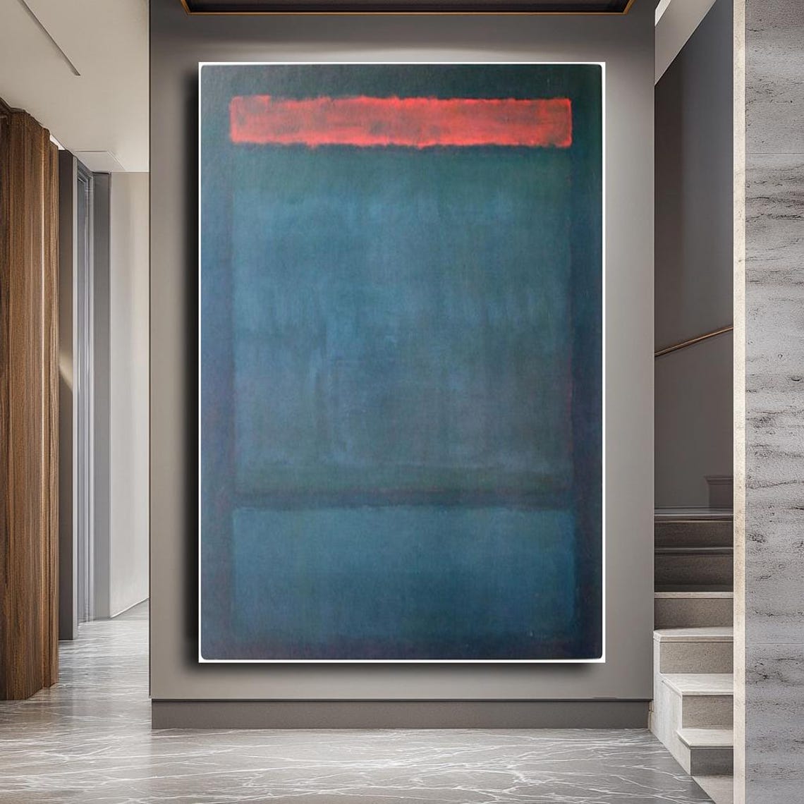 Teal Abstract With Red Band Rothko Style Minimalist Dark Wall Art