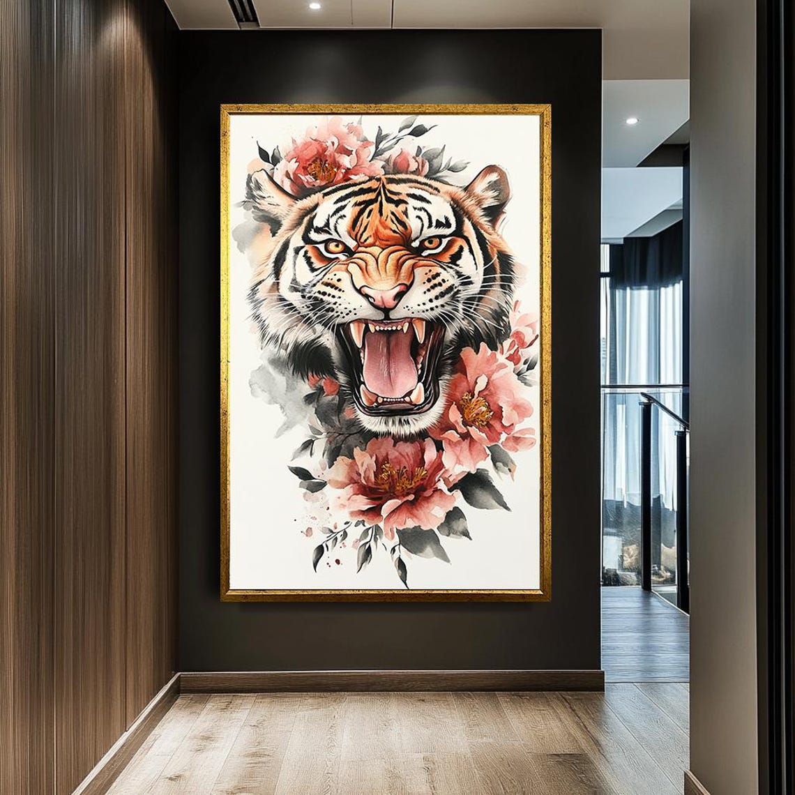 Tiger Art Ferocious Tiger Print Floral And Fierce Animal Wall Art Bold Statement Piece