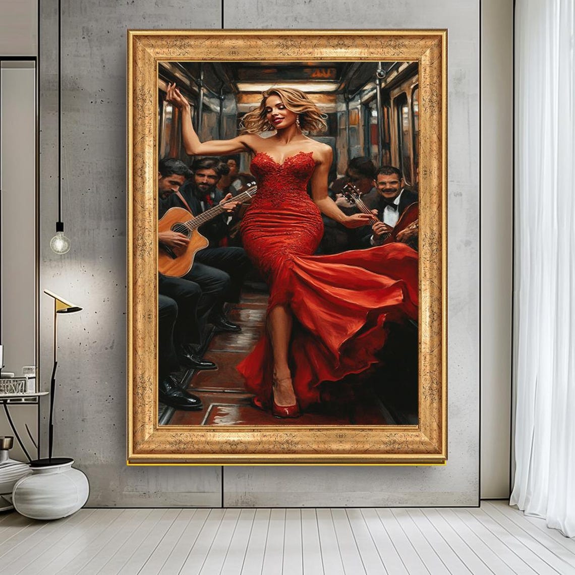 Glamorous Woman In Red Dress Print Elegant Lady In Subway Art Bold And Sexy Wall Art For Living Room Modern Fashion Artwork
