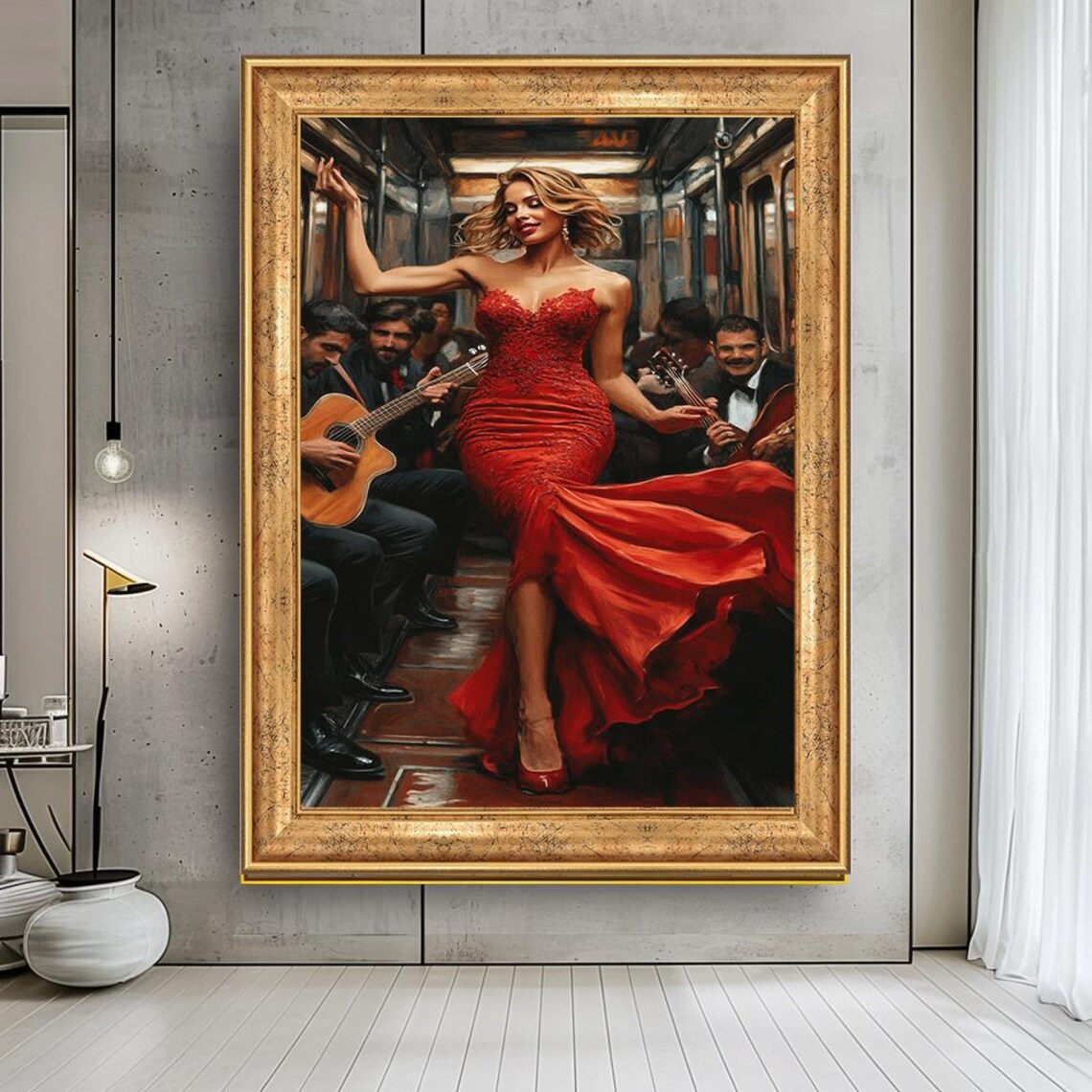 Glamorous Woman Red Dress Subway Musicians Bold Fashion Art Poster