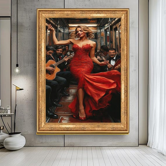 Glamorous Woman In Red Dress Print Elegant Lady In Subway Art Bold And Sexy Wall Art For Living Room Modern Fashion Artwork