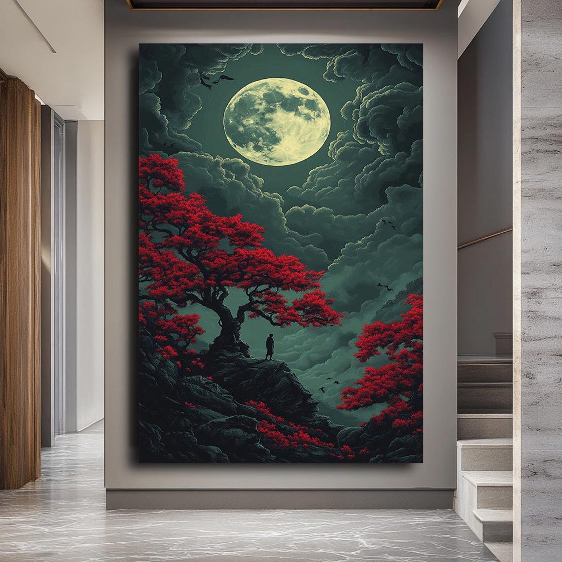 Full Moon Red Maple Trees Lone Figure Enchanted Night Fantasy Poster - Image 3