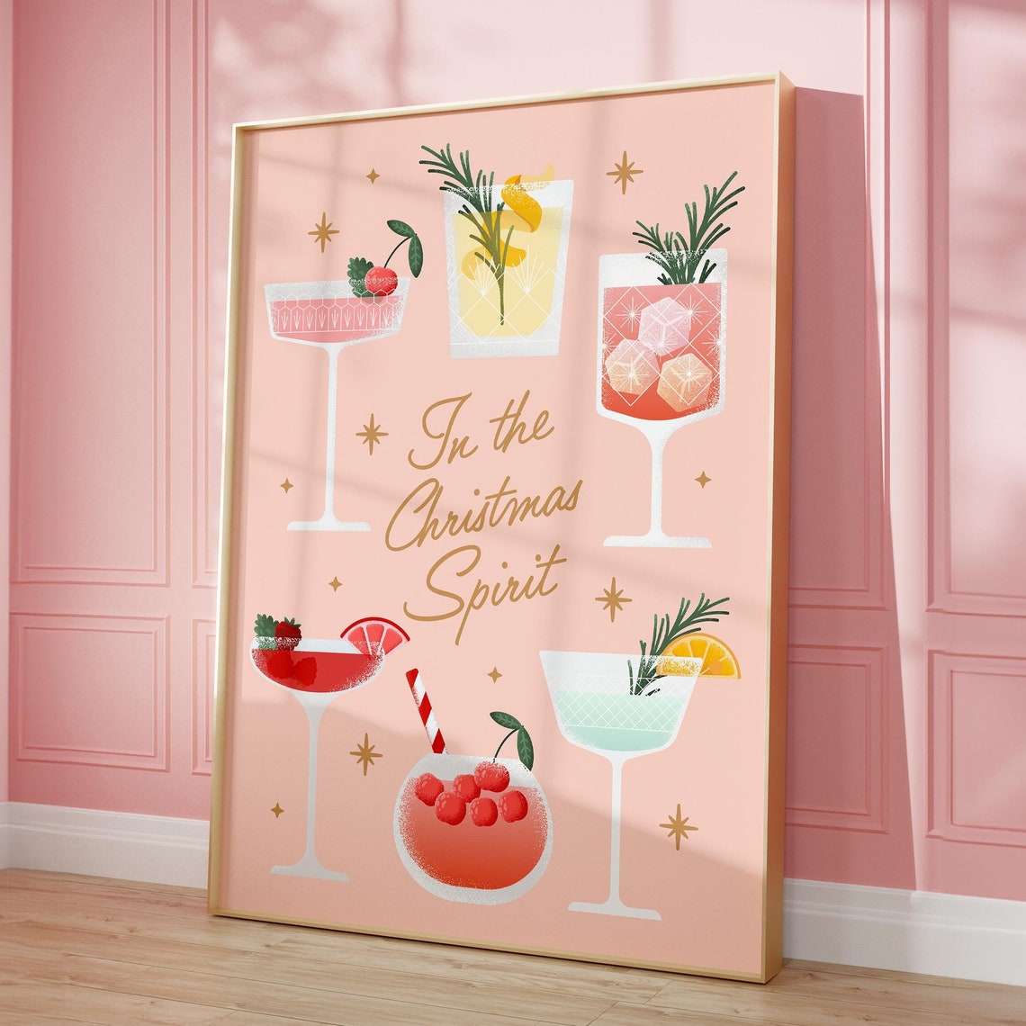 Christmas Cocktails Print Pink Christmas Poster Retro Christmas Poster For Bar Christmas Spirit Poster Seasonal Drink Print