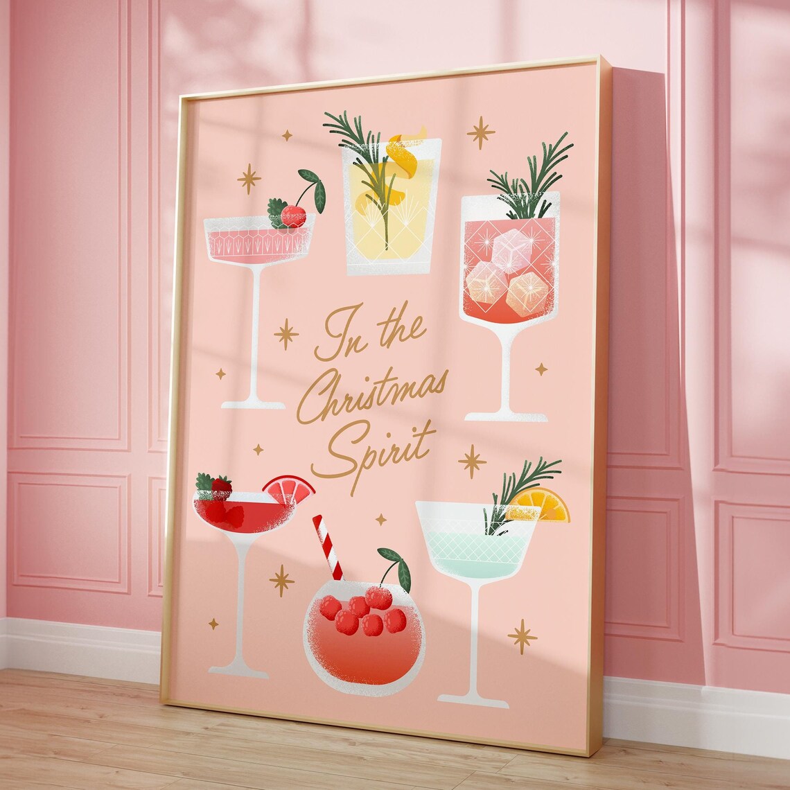 In the Christmas Spirit Festive Cocktail Illustrations Pink Art Poster