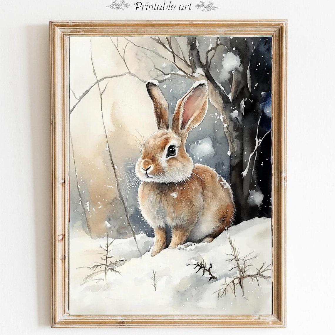Winter Bunny Rabbit In Snowy Forest Rustic Watercolor Portrait Poster