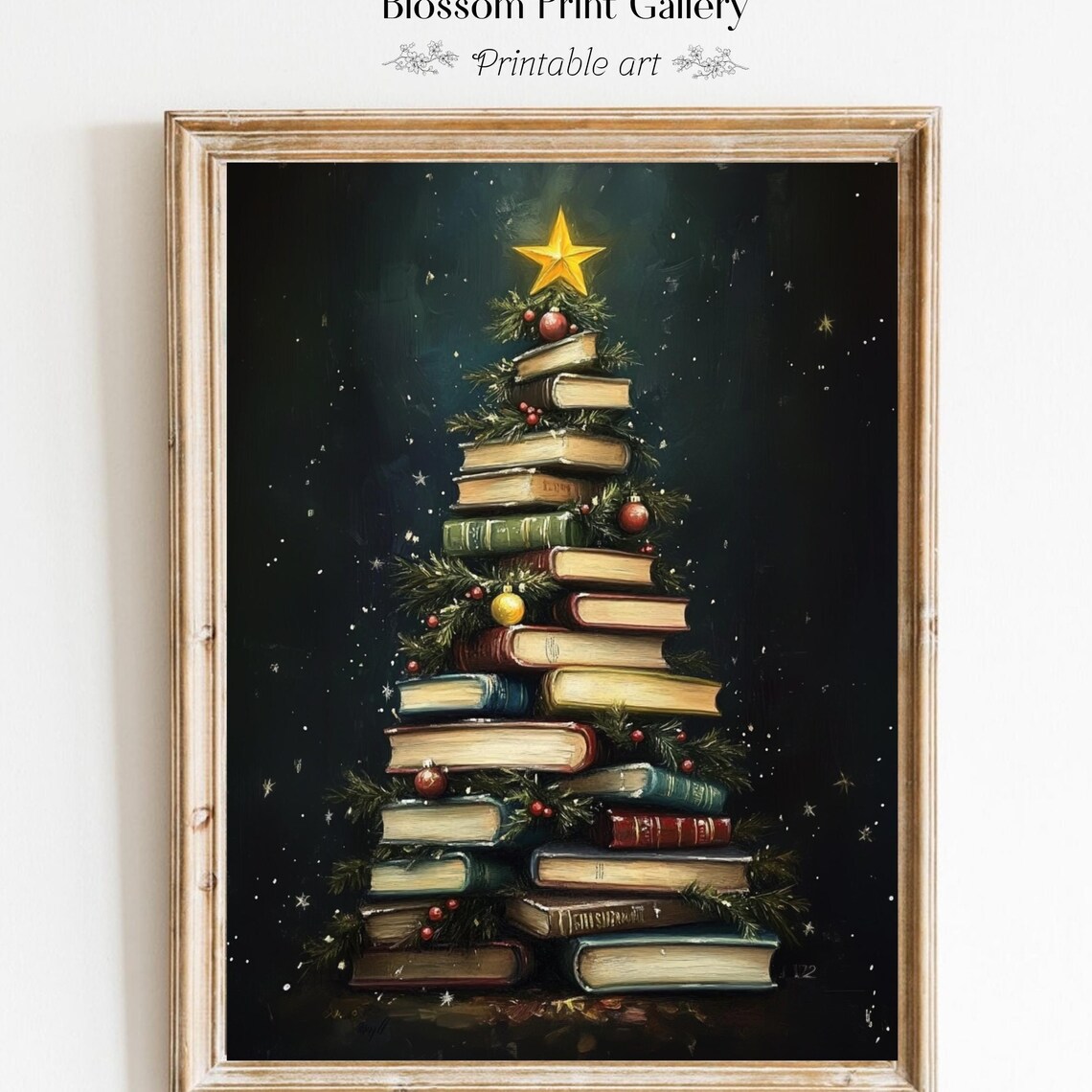 Vintage Stacked Books Christmas Tree Star Book Lover Holiday Poster