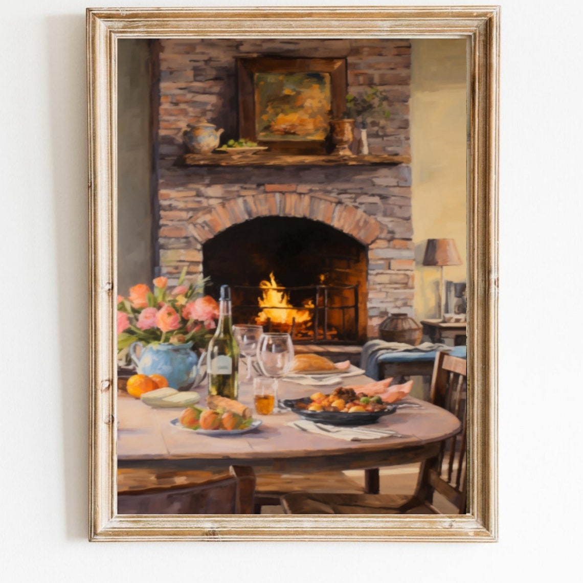 Cozy Dining Table Set Before Crackling Stone Fireplace Poster