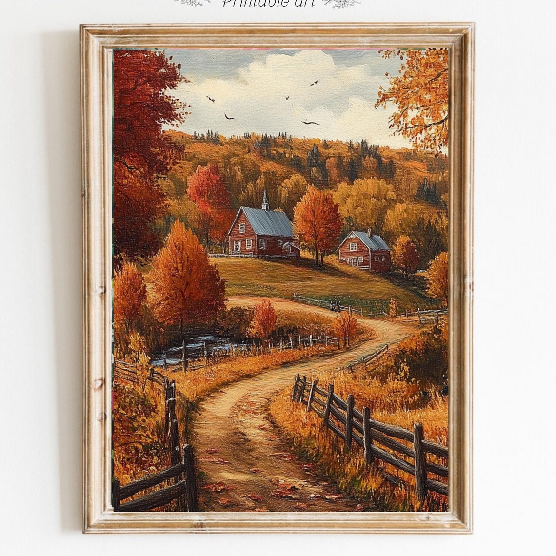 Autumn Farm Art Vintage Landscape Painting Vintage Autumn Moody Countryside Farmhouse Decor Thanksgiving Print Harvest 703